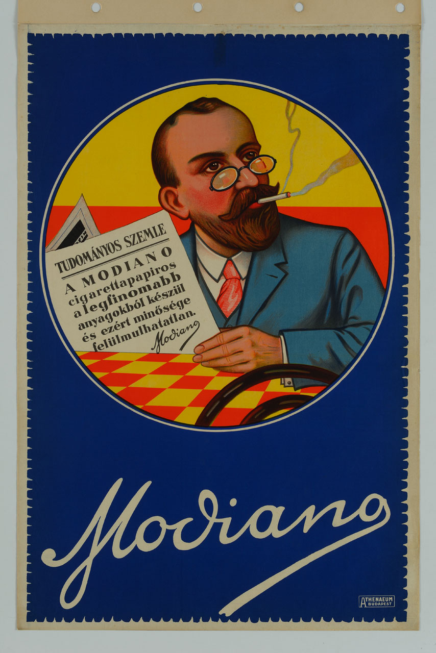 busto di figura maschile con occhiali mentre legge e fuma (manifesto) - ambito ungherese (sec. XX)
