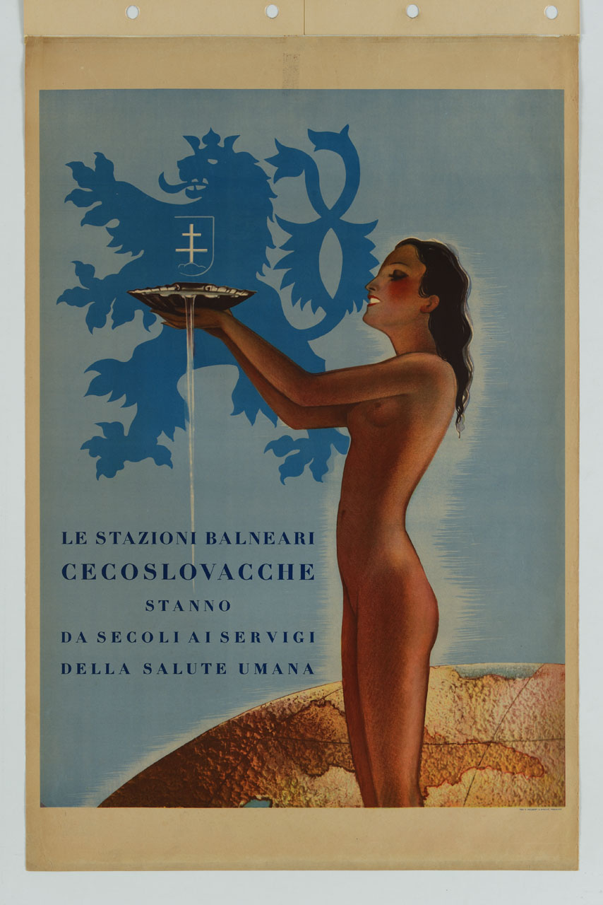 figura femminile nuda versa dell'acqua da una conchiglia (manifesto) - ambito cecoslovacco (sec. XX)