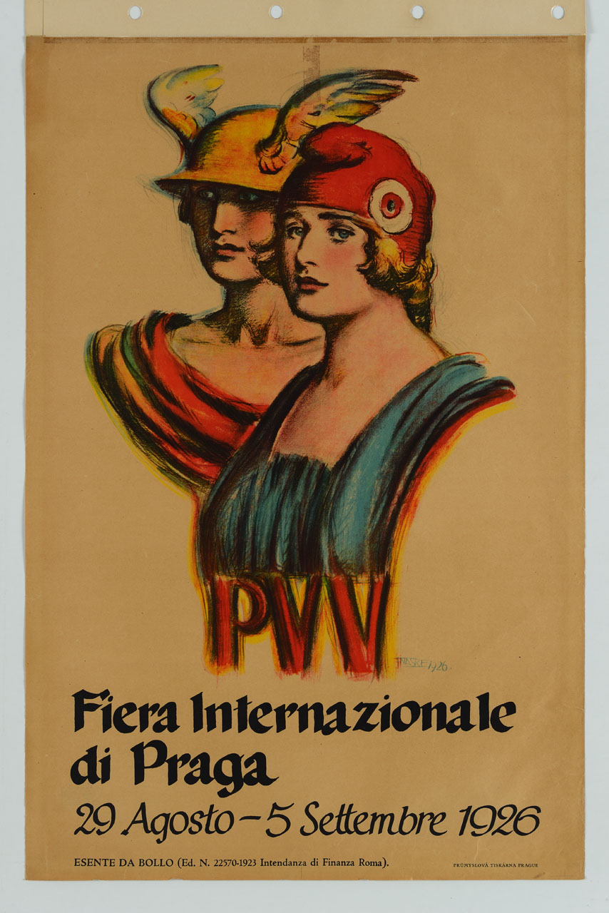 busto di Mercurio affiancato ad una figura femminile (manifesto) di Naske Frantisek Xaver (sec. XX)