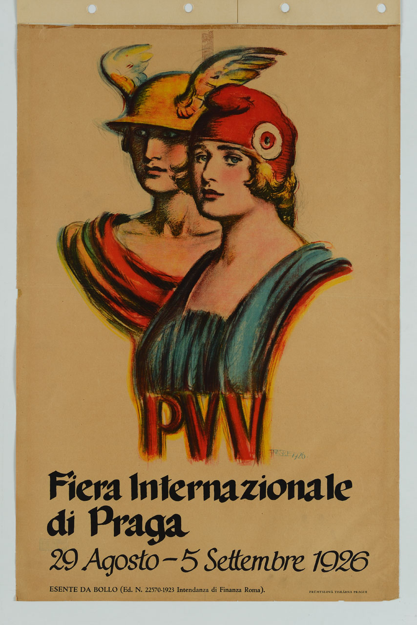busto di Mercurio affiancato ad una figura femminile (manifesto) di Naske Frantisek Xaver (sec. XX)