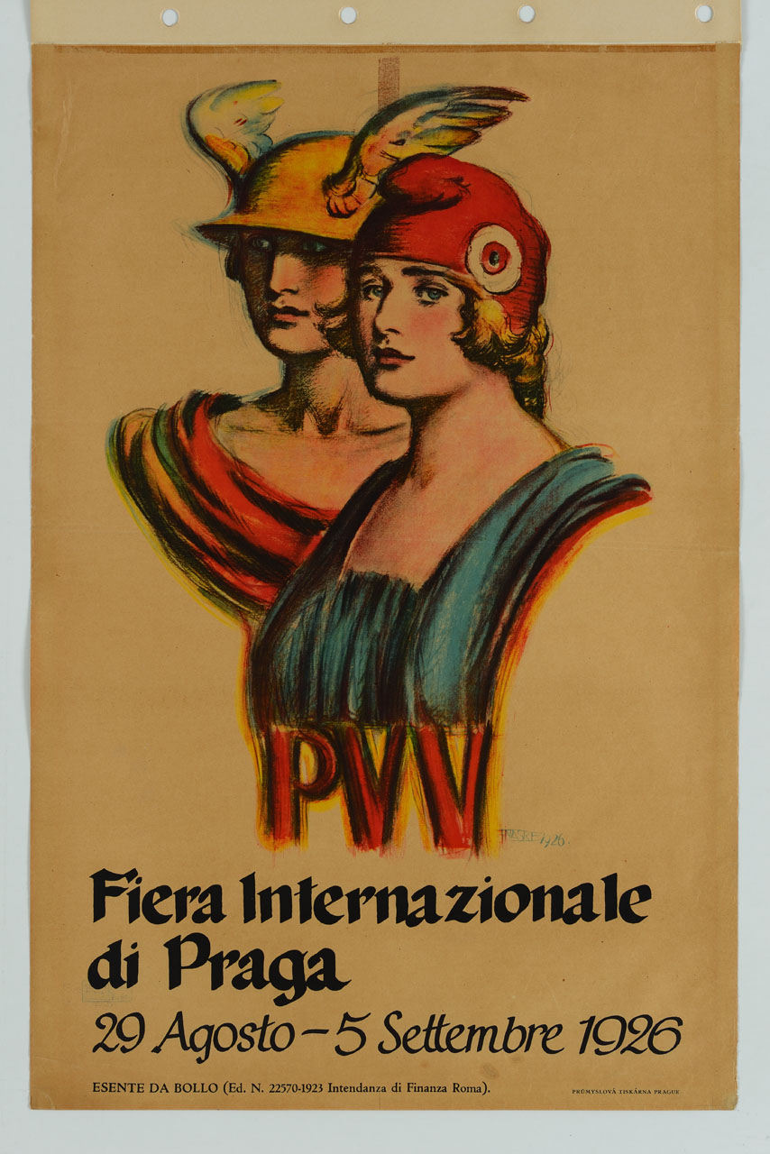 busto di Mercurio affiancato ad una figura femminile (manifesto) di Naske Frantisek Xaver (sec. XX)