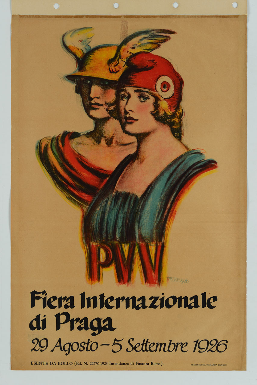 busto di Mercurio affiancato ad una figura femminile (manifesto) di Naske Frantisek Xaver (sec. XX)
