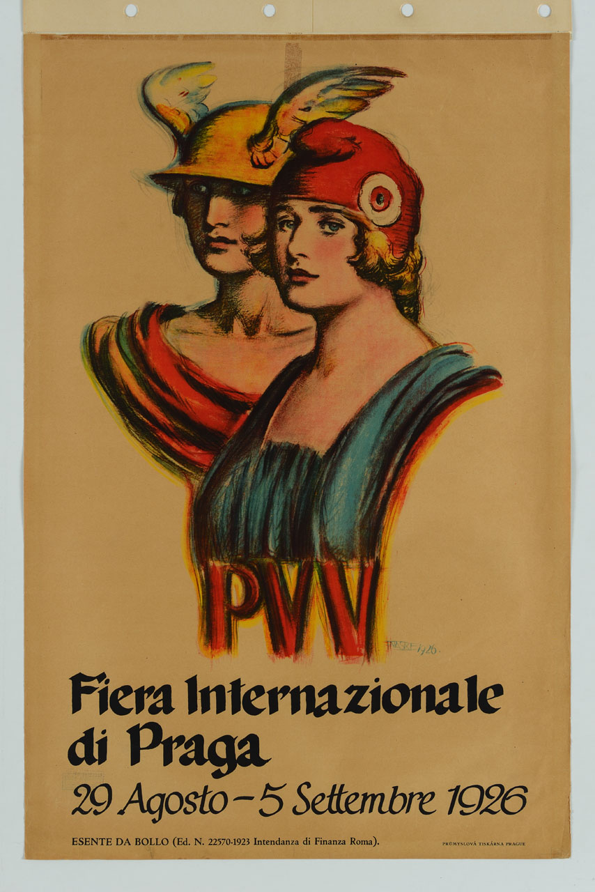 busto di Mercurio affiancato ad una figura femminile (manifesto) di Naske Frantisek Xaver (sec. XX)