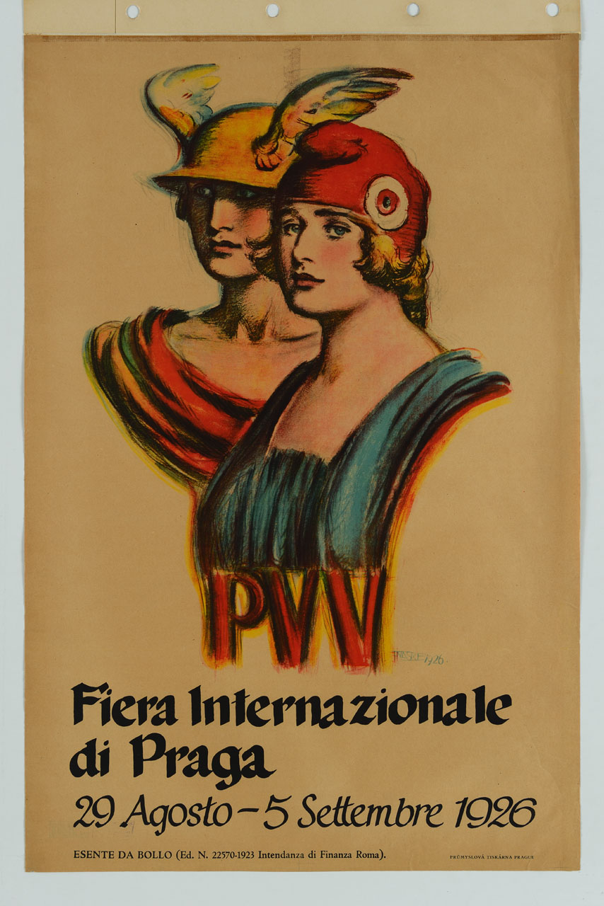 busto di Mercurio affiancato ad una figura femminile (manifesto) di Naske Frantisek Xaver (sec. XX)