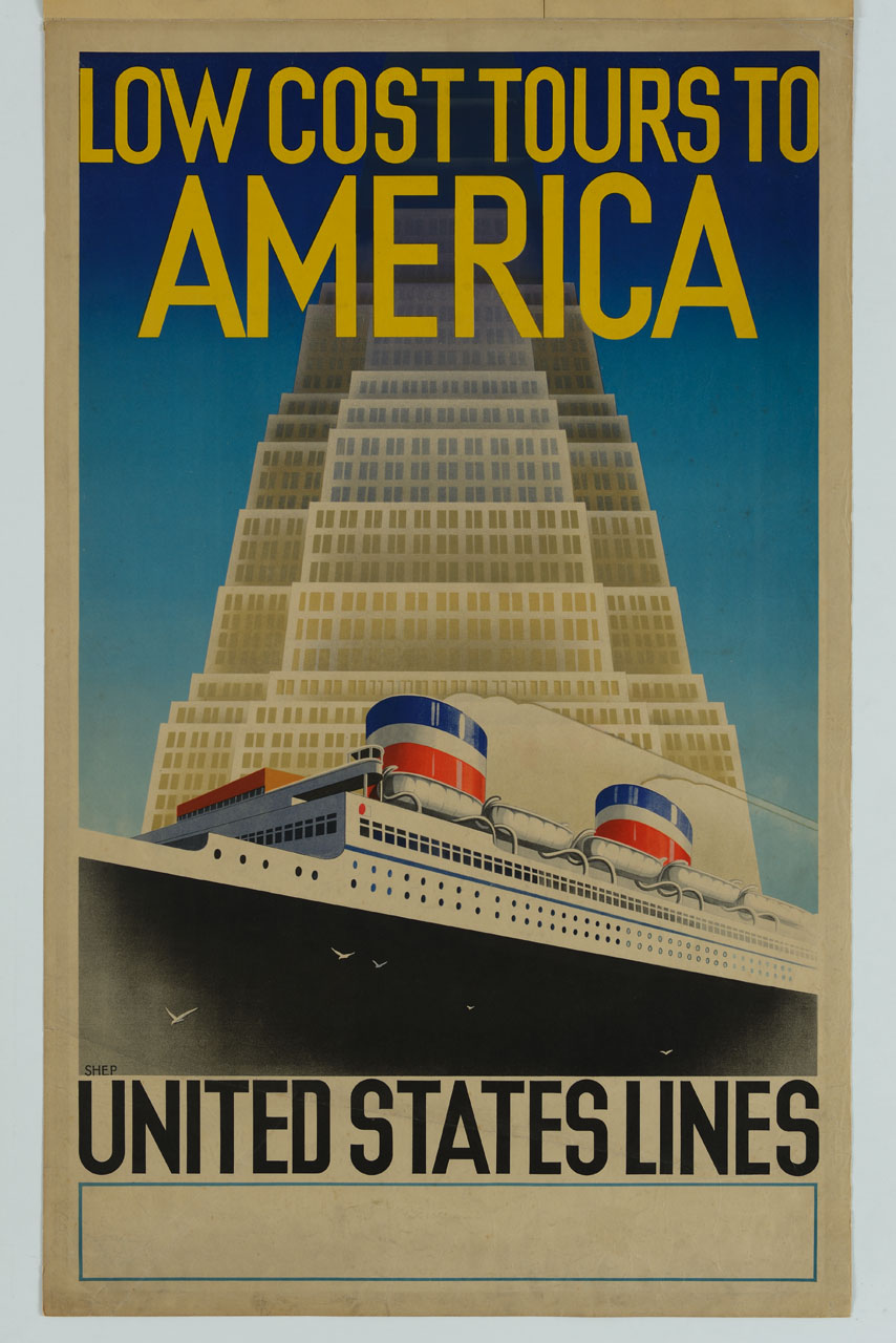 grattacielo e nave (manifesto) di Shepard Charles (metà sec. XX)