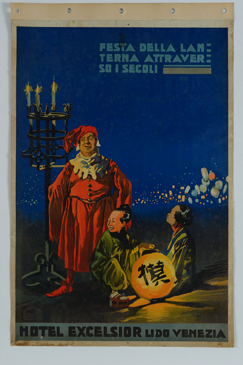 due donne giapponesi accendono una lanterna e uomo in abiti antichi (manifesto) - ambito italiano (sec. XX)