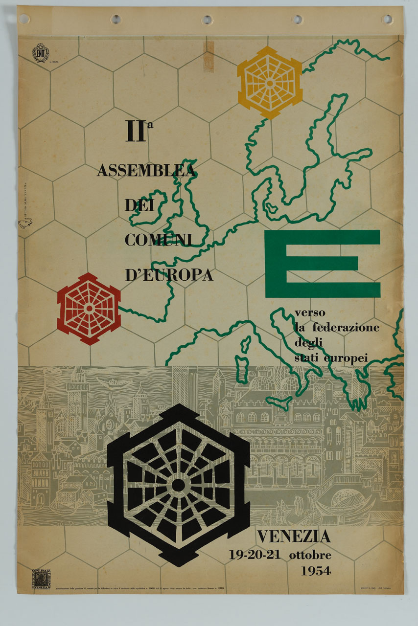 lettera E e loghi di città sovrapposti a pianta d'Europa e veduta di Venezia (manifesto) di Studio Alma (sec. XX)
