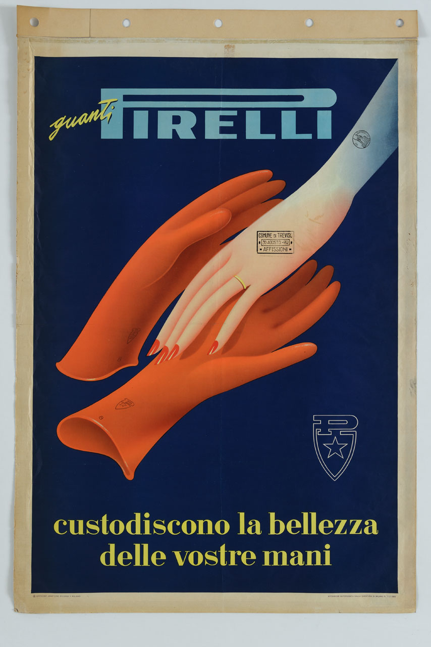 due guanti in gomma accarezzano una mano femminile (manifesto) - ambito italiano (sec. XX)