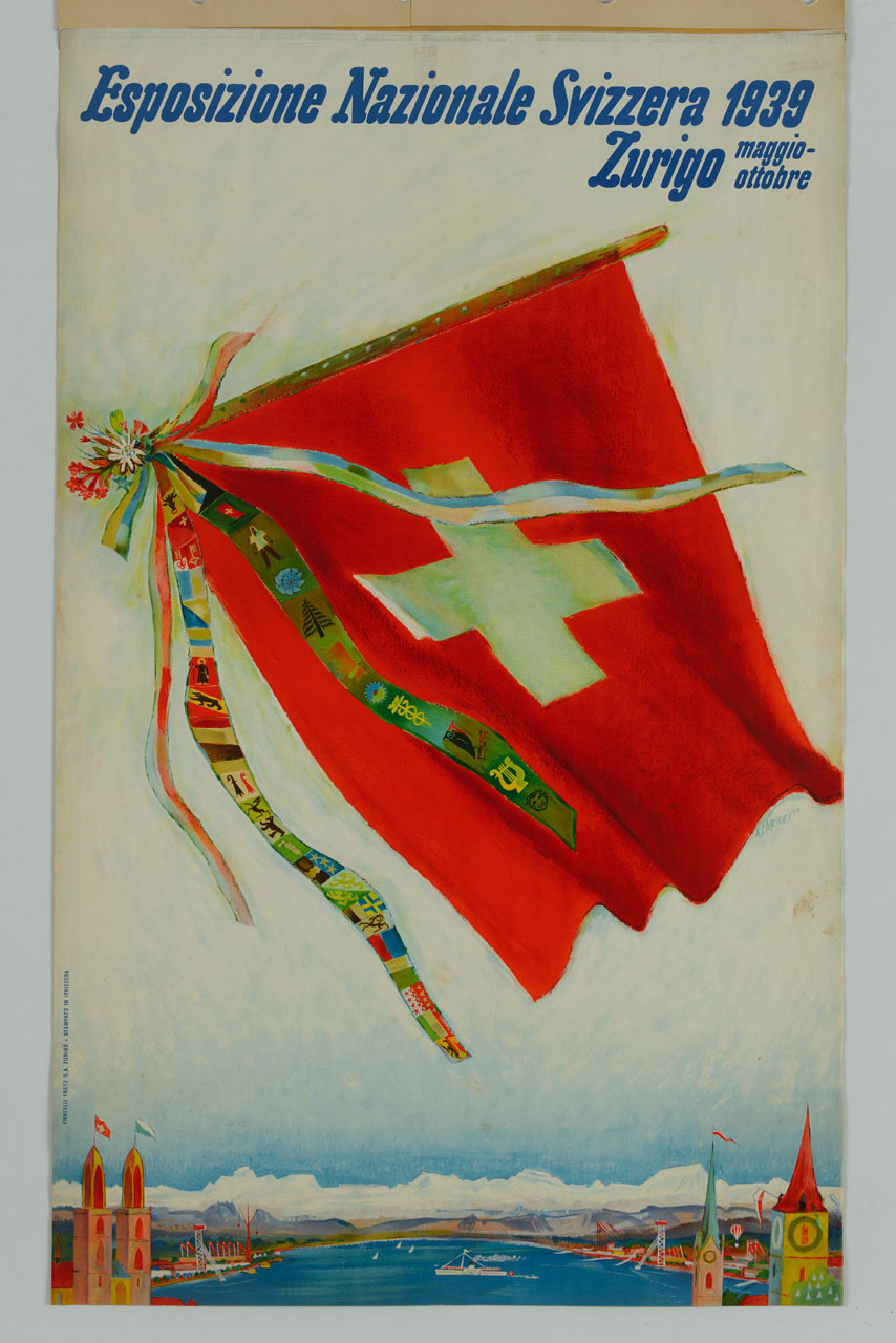 bandiera svizzera con mazzo di fiori e nastro decorato e veduta di Zurigo (manifesto) di Carigiet Alois (sec. XX)
