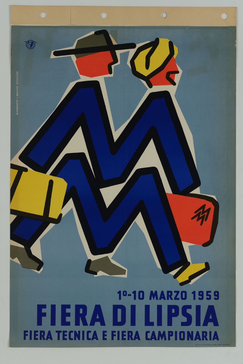 doppia M costituisce il corpo di due figure maschili stilizzate (manifesto) di Schultze Margarete, Schultze Walter (sec. XX)