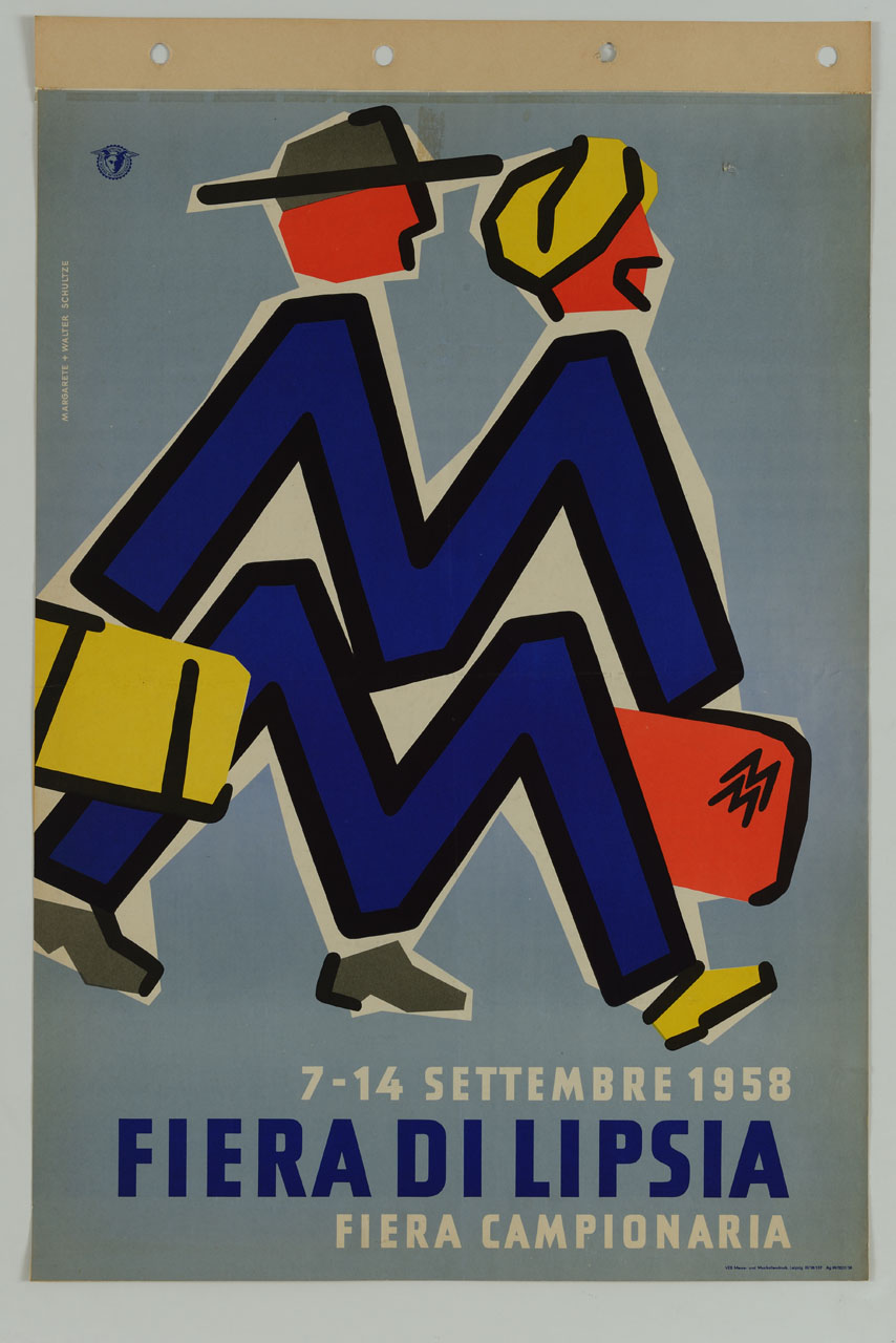 doppia M costituisce il corpo di due figure maschili stilizzate (manifesto) di Schultze Margarete, Schultze Walter (sec. XX)