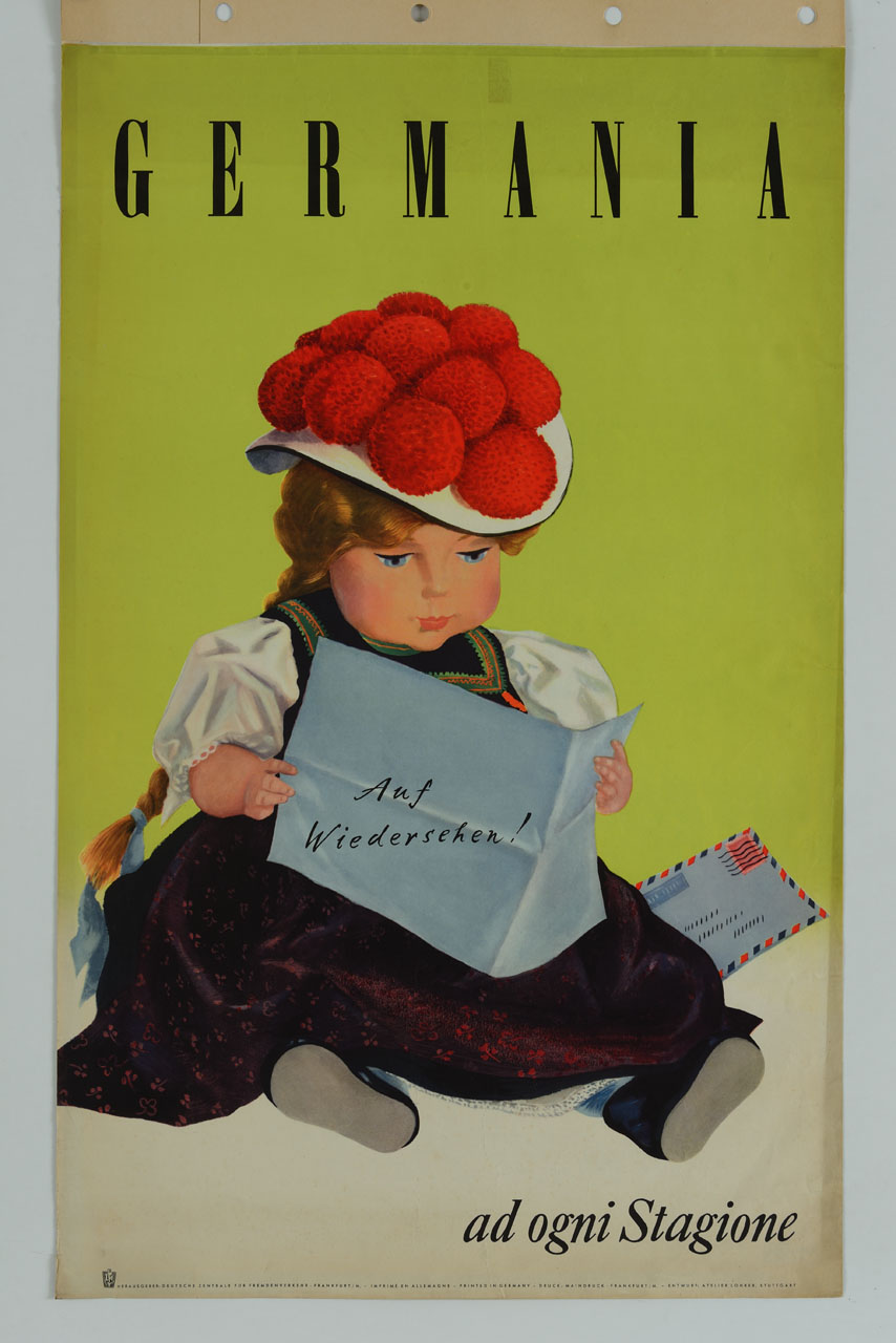 bambina con cappello legge una lettera (manifesto) di Lohrer Hanns (sec. XX)