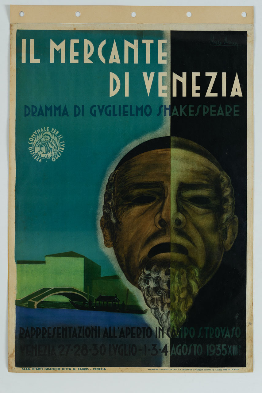 maschera raffigurante il volto del mercante di Venezia (manifesto) di Artico Mirko (sec. XX)