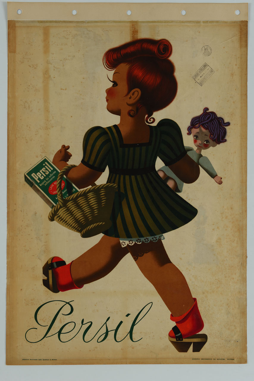 bambina passeggia tenendo una cesta e una bambola (manifesto) - ambito italiano (sec. XX)