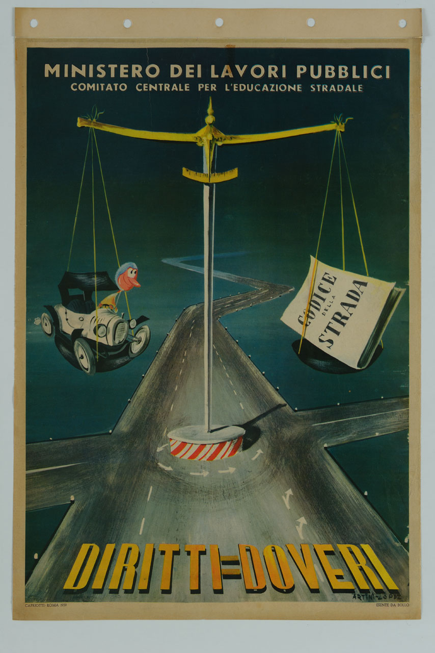 bilancia al centro di un incrocio con un'automobile e il Codice della strada sui piatti (manifesto) di Artini Paolo, Lopez Raffaello (sec. XX)