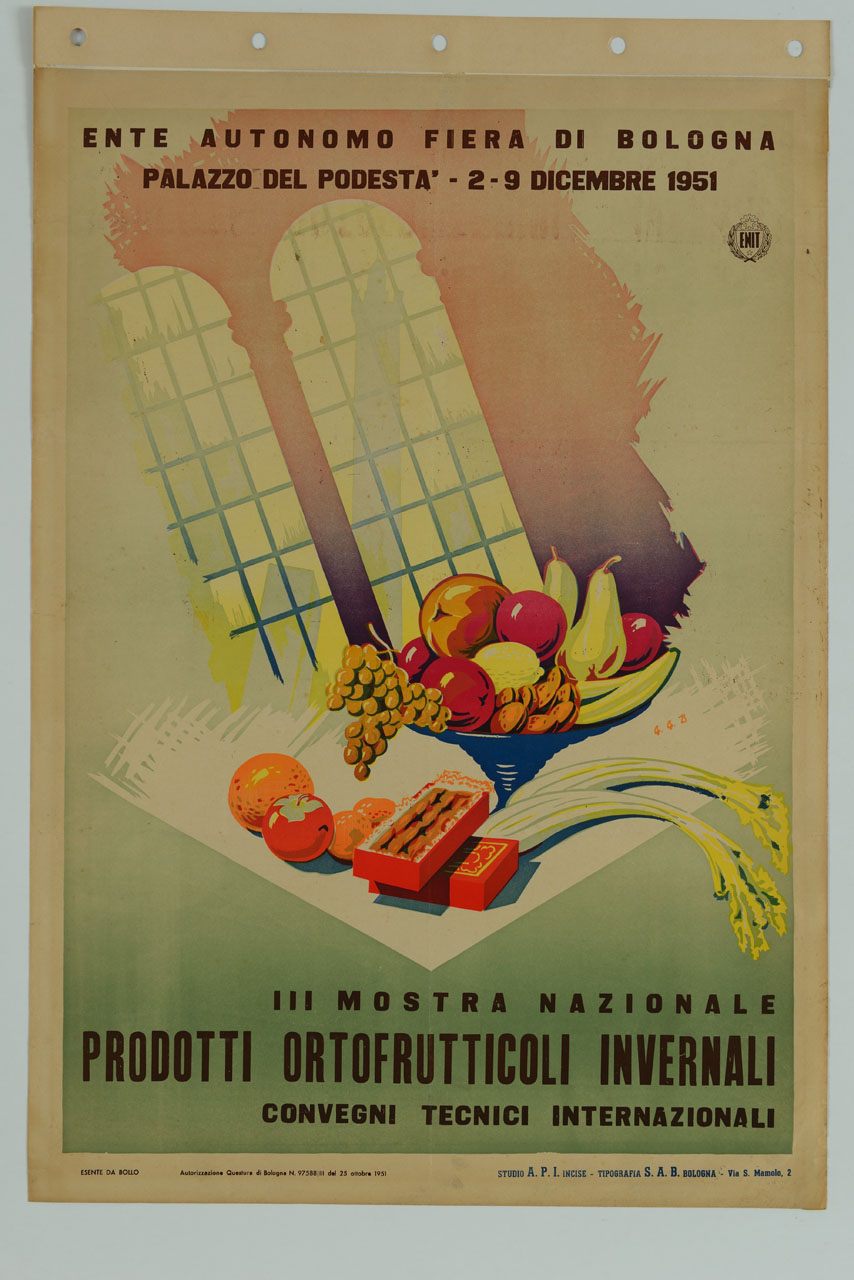 bifora e piatto ad alzata con frutta (manifesto) - ambito italiano (sec. XX)