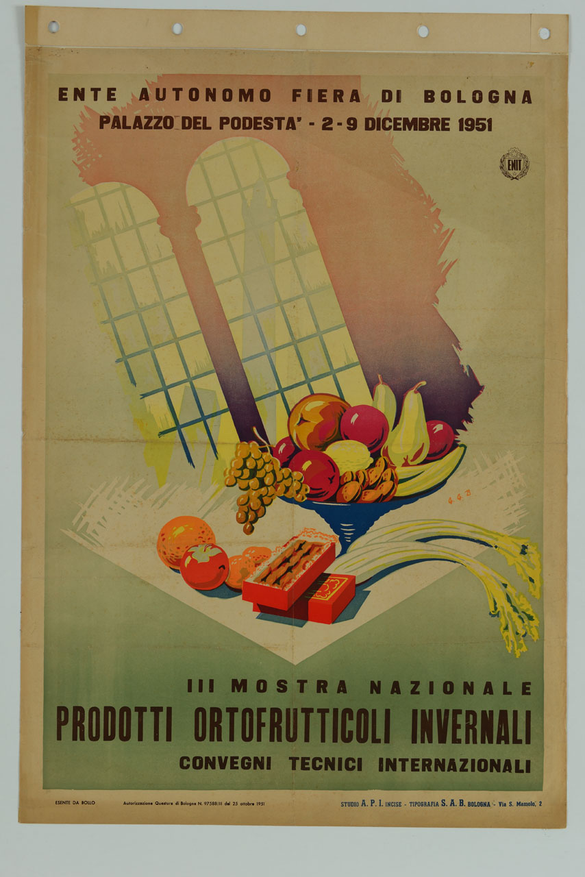 bifora e piatto ad alzata con frutta (manifesto) - ambito italiano (sec. XX)