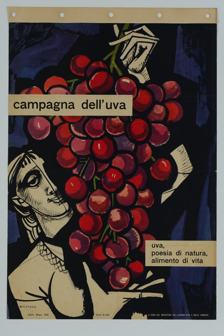 contadina sorregge un grande grappolo d'uva (manifesto) di Hajnal János detto Hajnal Giovanni (sec. XX)