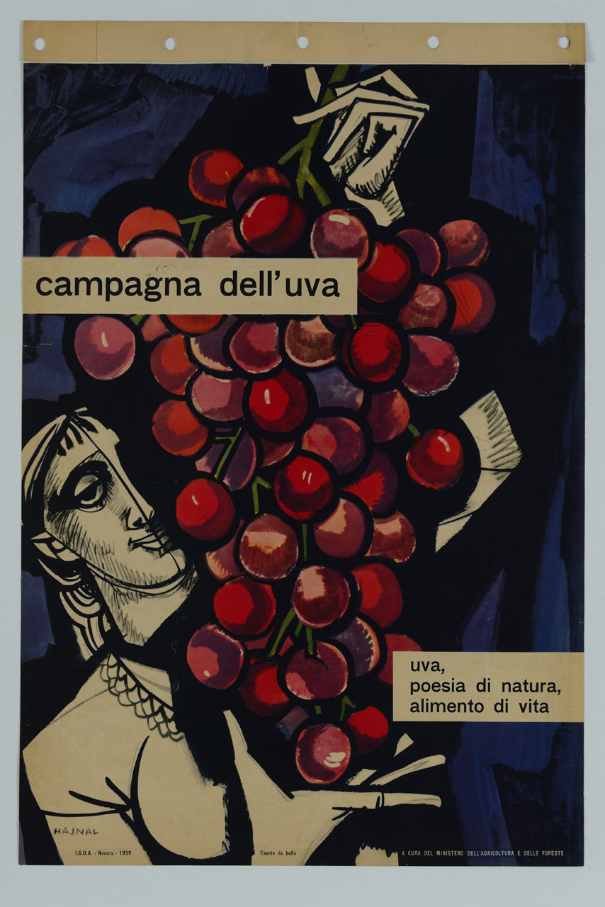 contadina sorregge un grande grappolo d'uva (manifesto) di Hajnal János detto Hajnal Giovanni (sec. XX)