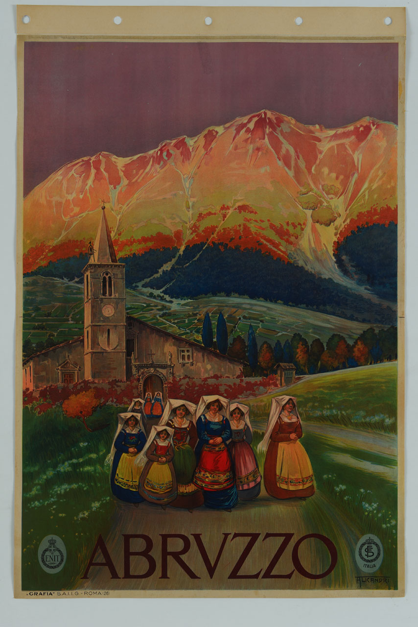 paesaggio abruzzese con chiesa e donne in abiti tradizionali (manifesto) di Alicandri Vincenzo (sec. XX)