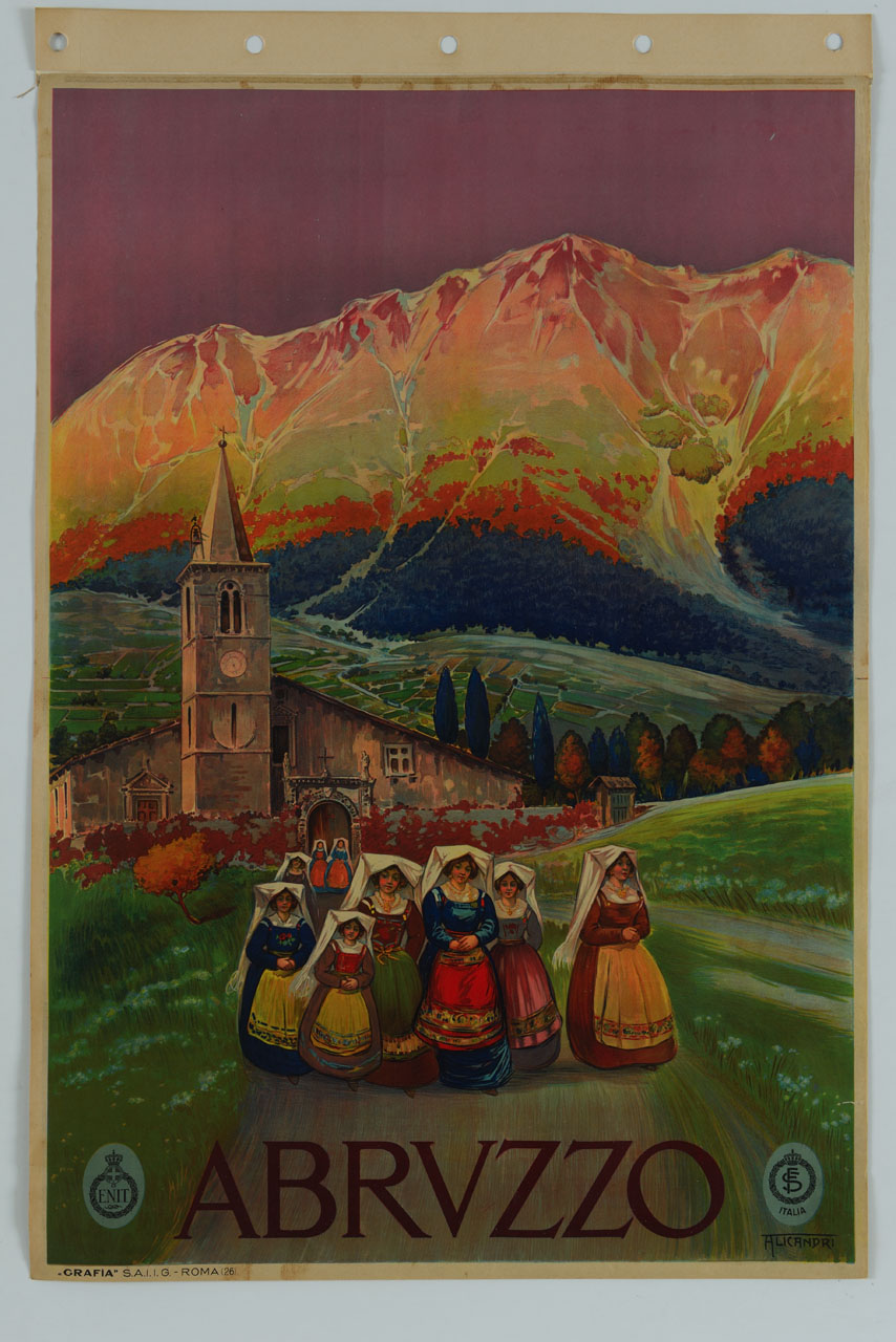 paesaggio abruzzese con chiesa e donne in abiti tradizionali (manifesto) di Alicandri Vincenzo (sec. XX)