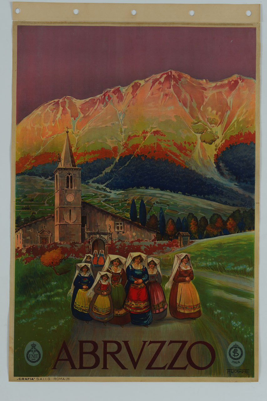 paesaggio abruzzese con chiesa e donne in abiti tradizionali (manifesto) di Alicandri Vincenzo (sec. XX)