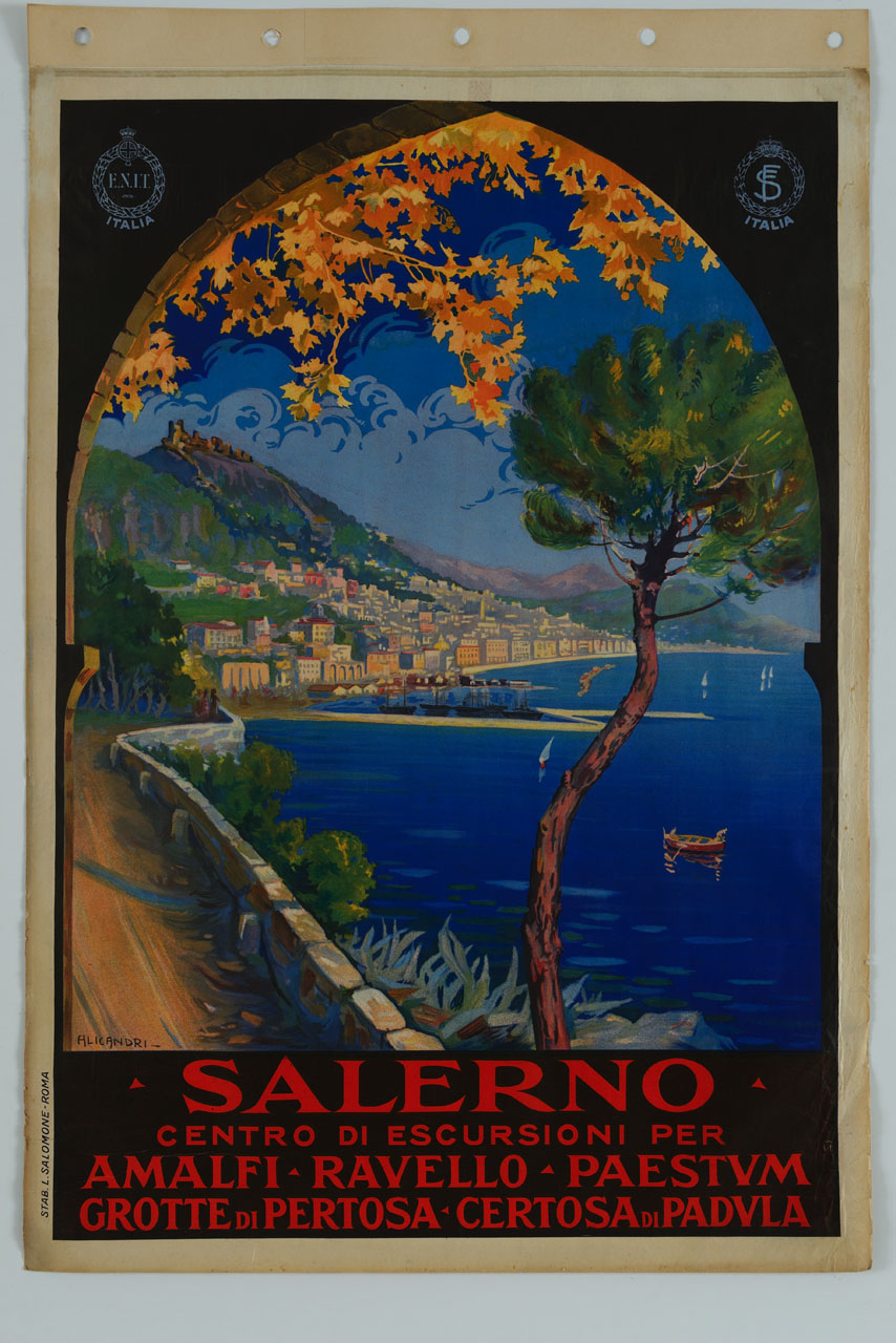 veduta del golfo di Salerno dalla costiera amalfitana (manifesto) di Alicandri Vincenzo (sec. XX)