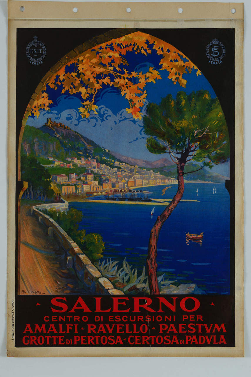 veduta del golfo di Salerno dalla costiera amalfitana (manifesto) di Alicandri Vincenzo (sec. XX)