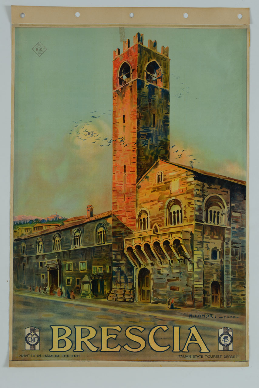 veduta della Torre del Pegol e del Palazzo del Broletto a Brescia (manifesto) di Alicandri Vincenzo (sec. XX)