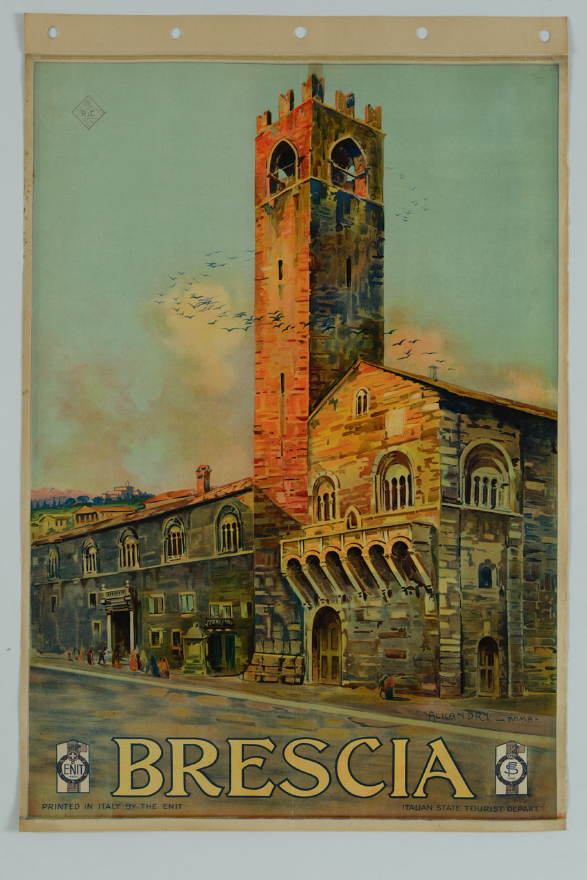 veduta della Torre del Pegol e del Palazzo del Broletto a Brescia (manifesto) di Alicandri Vincenzo (sec. XX)