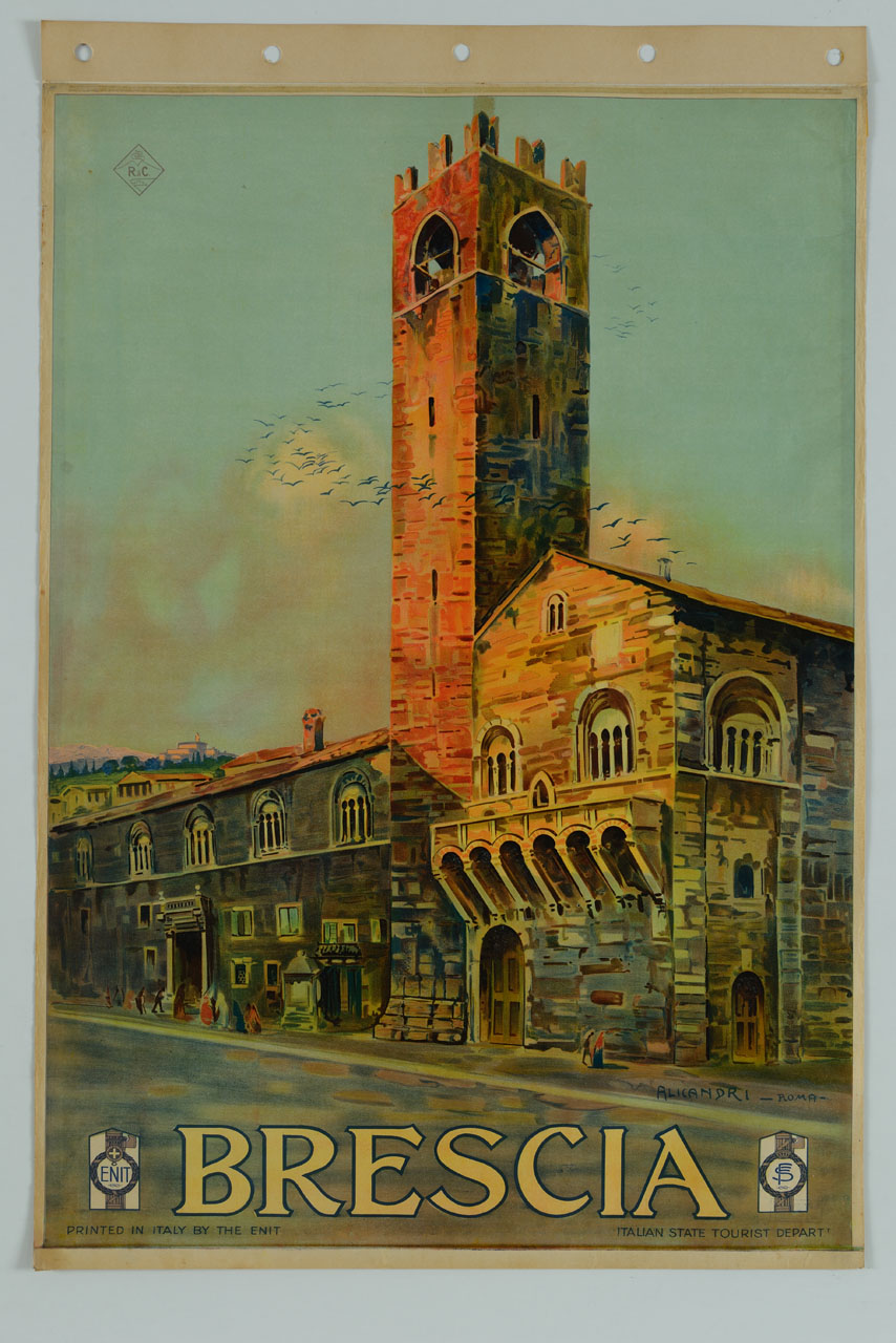 veduta della Torre del Pegol e del Palazzo del Broletto a Brescia (manifesto) di Alicandri Vincenzo (sec. XX)
