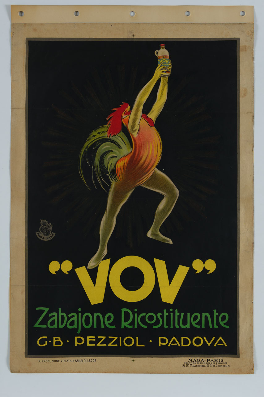 gallo antropomorfo innalza una bottiglia di Vov (manifesto) di MAGA (sec. XX)