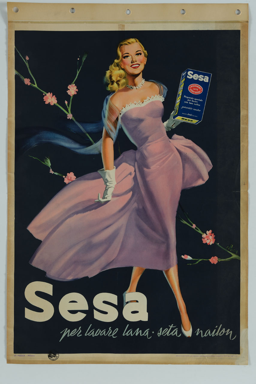 donna con confezione di detersivo e ramo di fiori sullo sfondo (manifesto) di Mosca Franco (sec. XX)