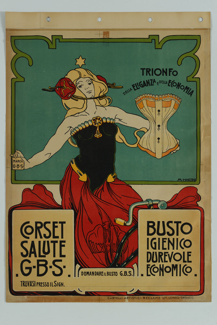 figura femminile in bicicletta regge un corsetto (manifesto) di Martini Alberto Giacomo Spiridione (sec. XX)