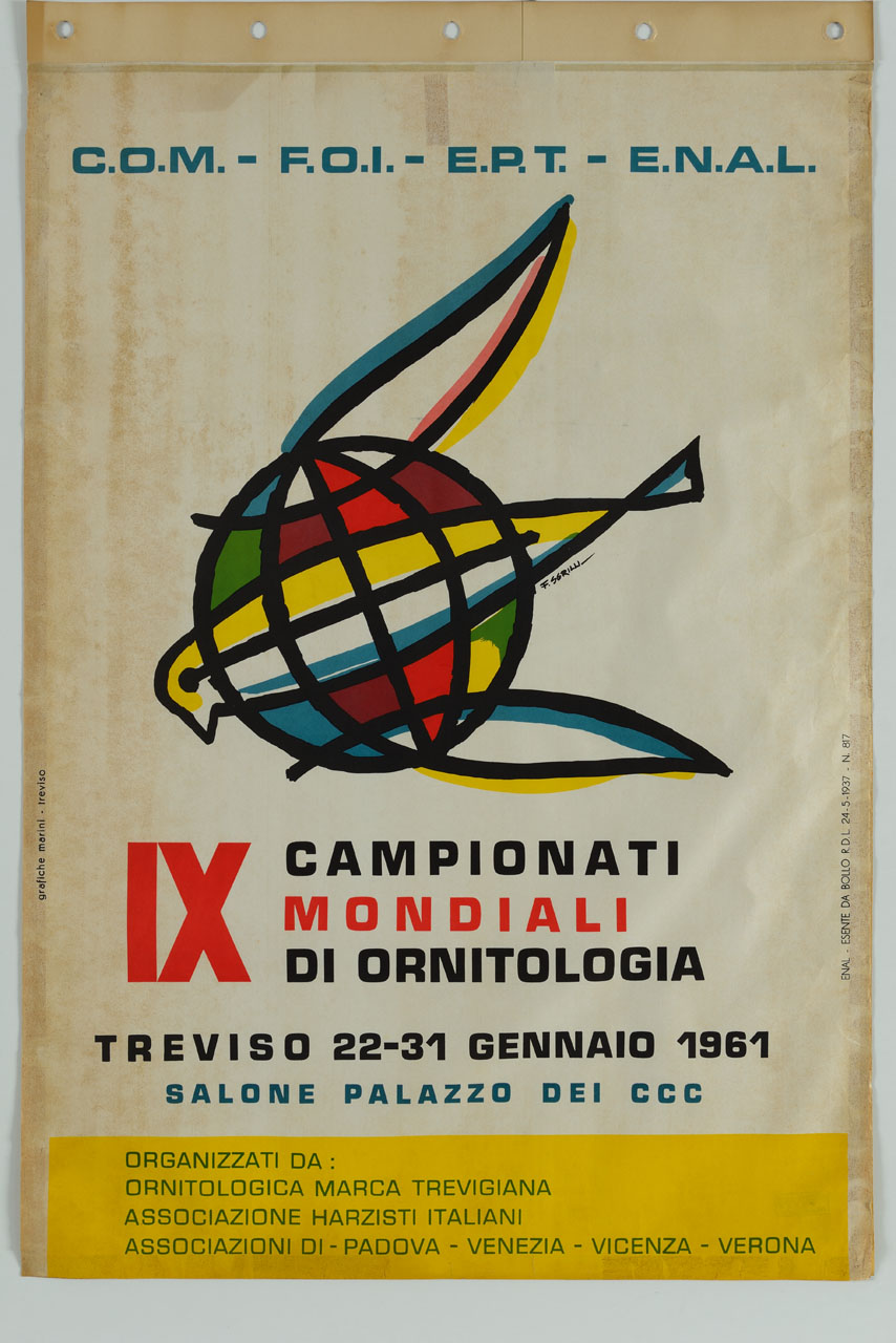 globo e uccello multicolori stilizzati (manifesto) di Sgrilli Franco (sec. XX)