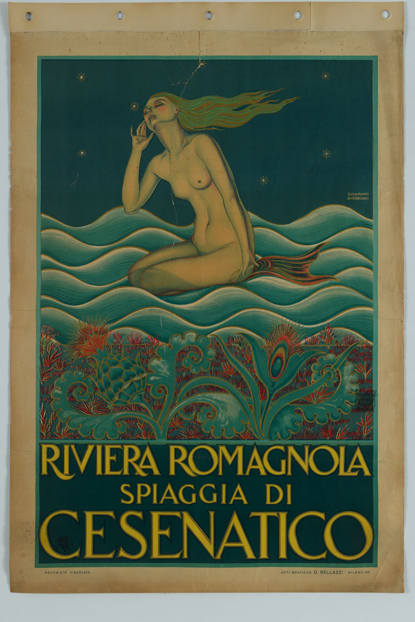 sirena in ascolto del rumore delle onde (manifesto) di Guerrini Giovanni (sec. XX)