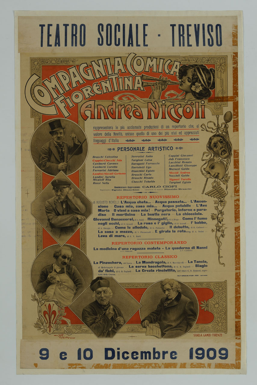 Andrea Niccòli nei panni di diversi personaggi e cornice con suonatrice di diaulos (manifesto) di Faini Virgilio Dante (sec. XX)