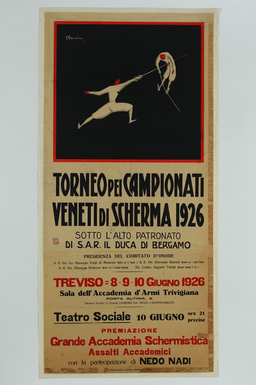 schermidore infilza l'avversario (manifesto, stampa composita) di Cancian Sante (sec. XX)