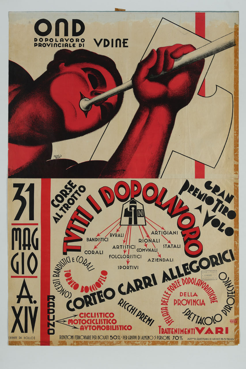 uomo suona una tromba e fascio littorio (manifesto, stampa composita) di Saccomano Domenico detto Saccomani Giovanni - ambito italiano (sec. XX)
