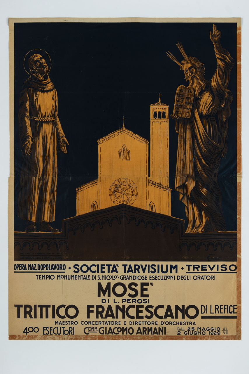 San Francesco e il profeta Mosè sullo sfondo della Chiesa di San Nicolò a Treviso (manifesto, stampa composita) di Canever Valentino (sec. XX)
