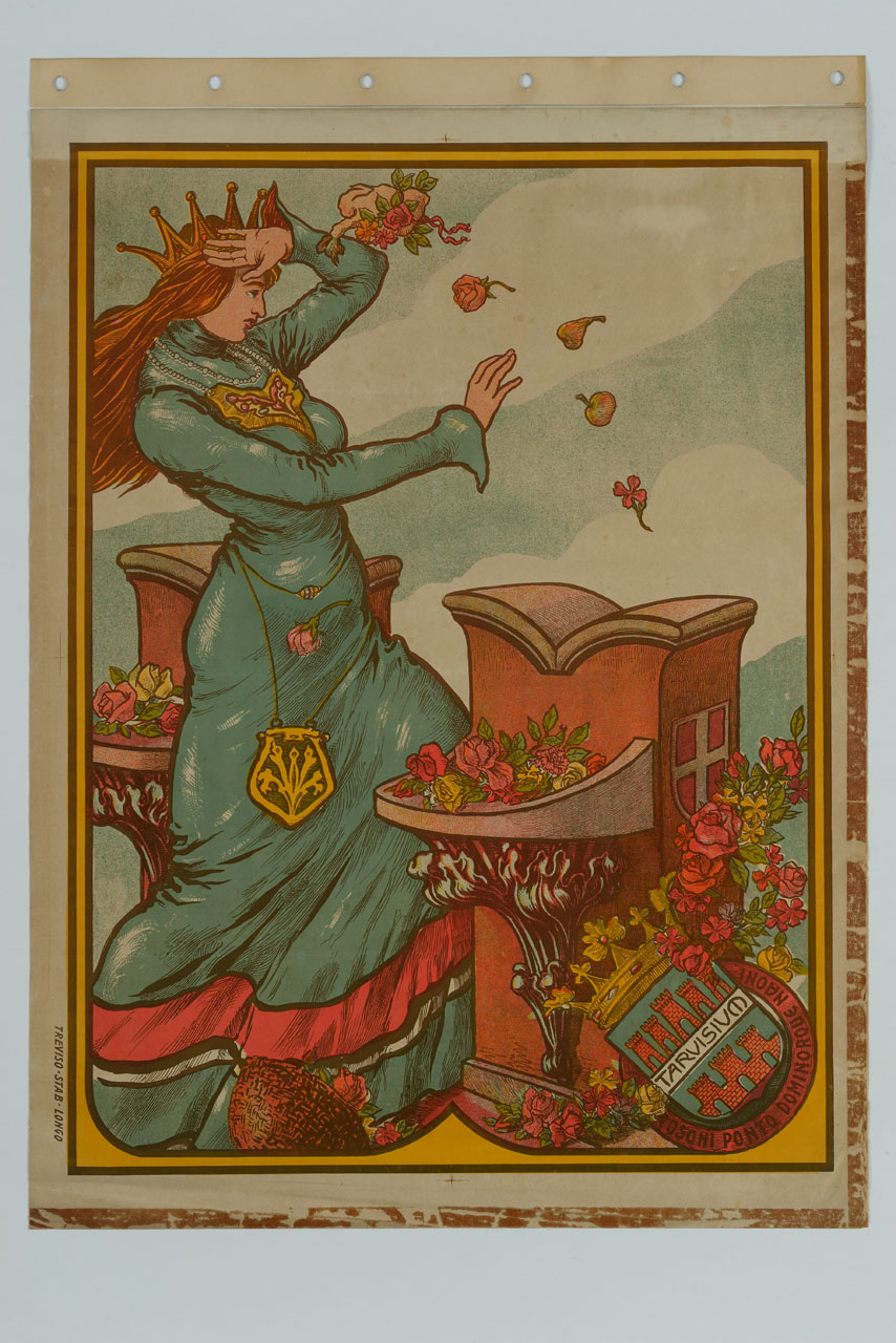 donna coronata si sporge da un affaccio merlato proteggendosi il capo e stemma della città di Treviso (manifesto) - ambito italiano (sec. XX)