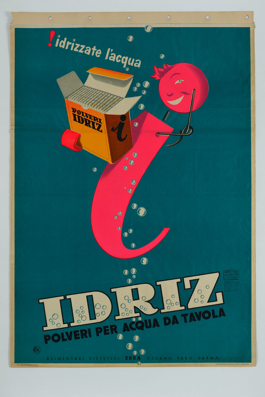 lettera i mostra una confezione di polveri per acqua da tavola (manifesto) - ambito italiano (sec. XX)
