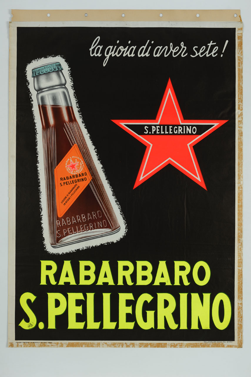 bottiglietta di rabarbaro e marchio San Pellegrino (manifesto) - ambito italiano (sec. XX)