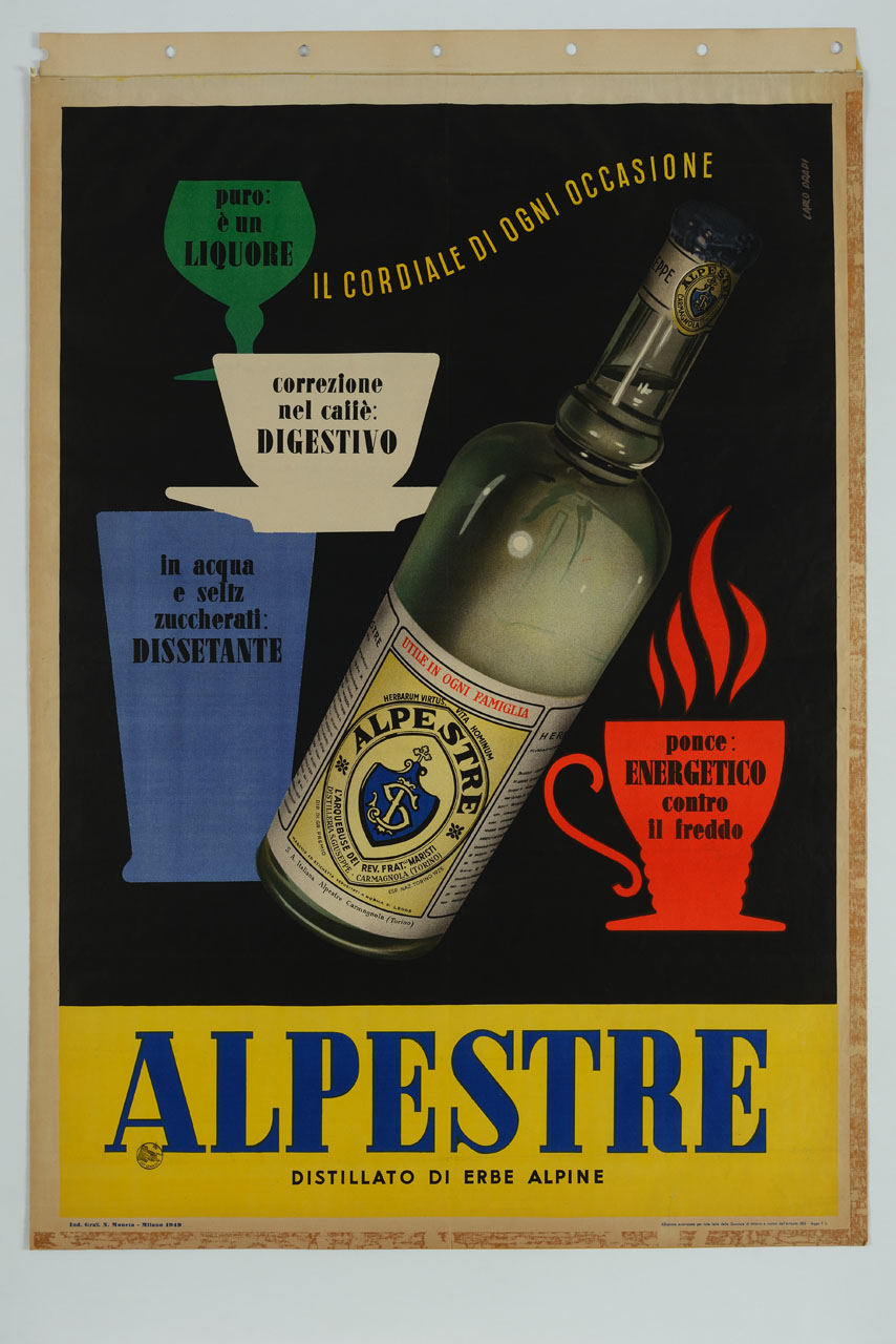 bottiglia di liquore con bicchieri e tazze (manifesto) di Dradi Carlo (sec. XX)
