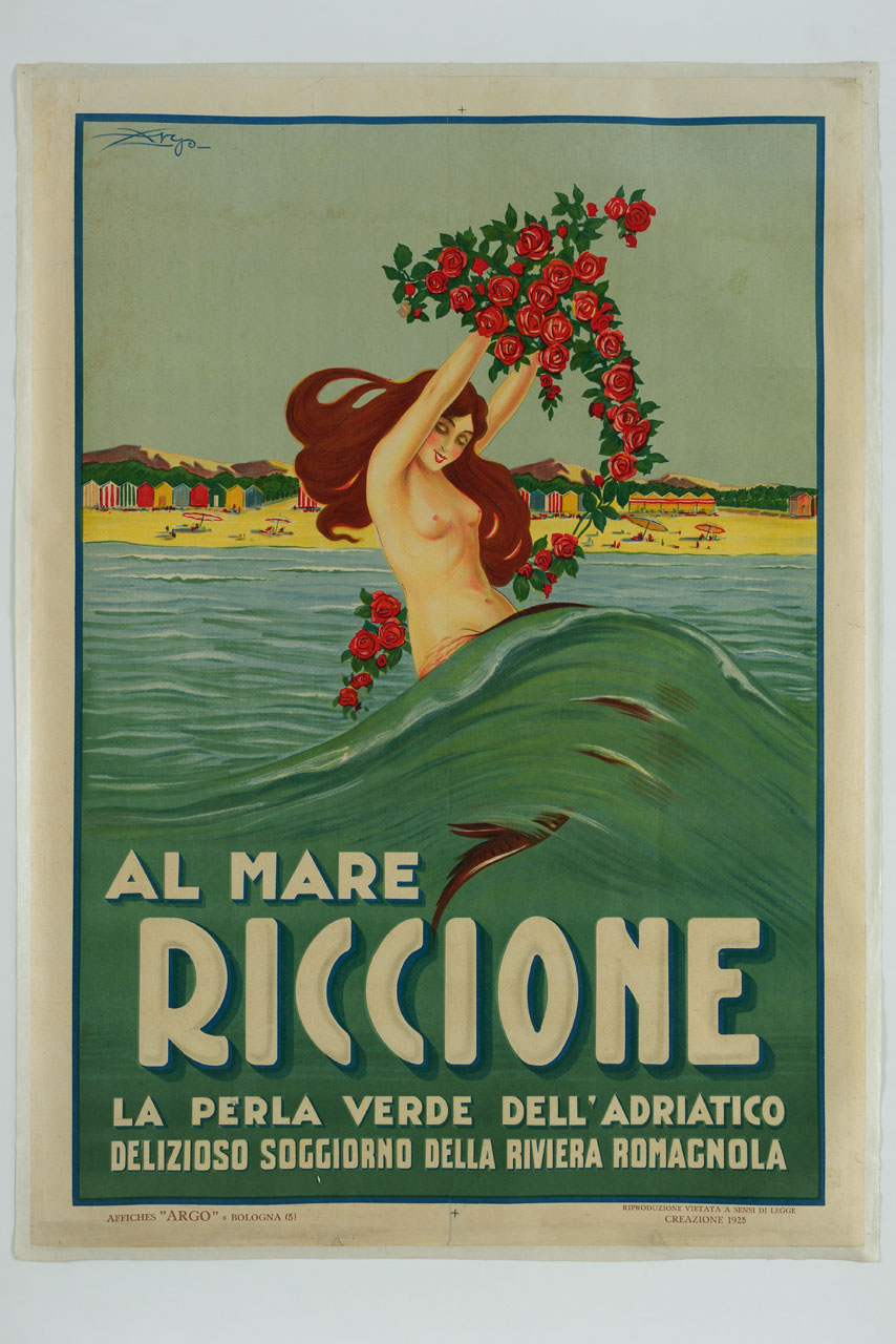 sirena tra le onde con composizione di rose rosse e spiaggia attrezzata (manifesto) di Argo - Creazione Marche di Pubblicità (sec. XX)