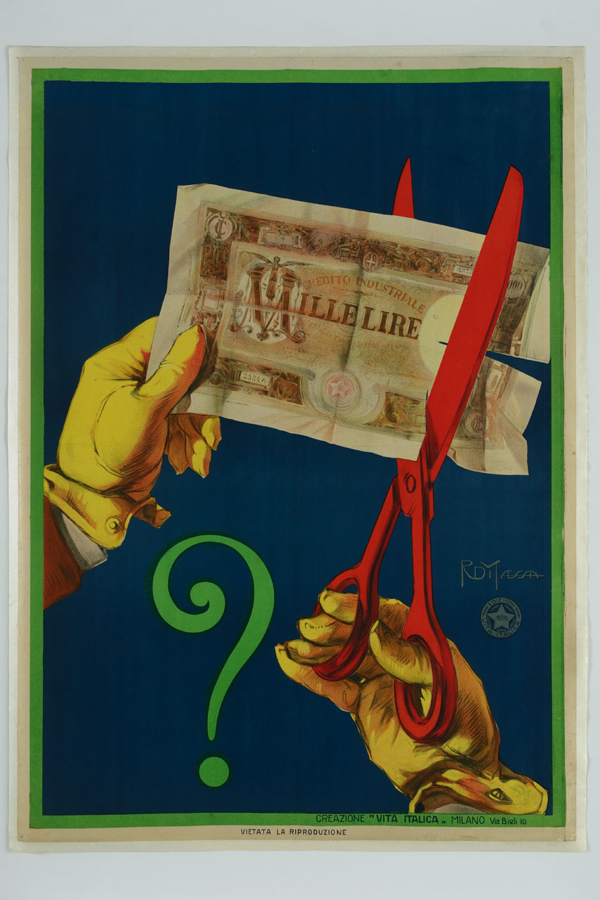 forbice taglia un banconota del Credito Industriale e Auto Fiduciaria con punto di domanda (manifesto) di Di Massa Romano (sec. XX)