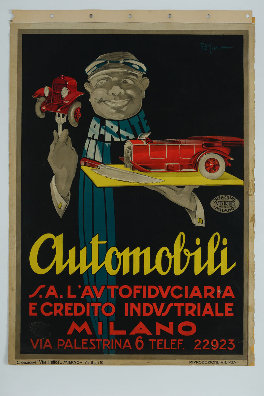 automobilista sorridente taglia un pezzo di automobile (manifesto) di Di Massa Romano (sec. XX)