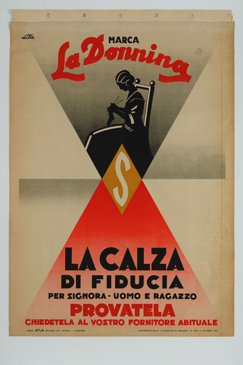La Donnina, donna mentre lavora a maglia una calza (manifesto) di ATLA - Pubblicità - Bologna (sec. XX)