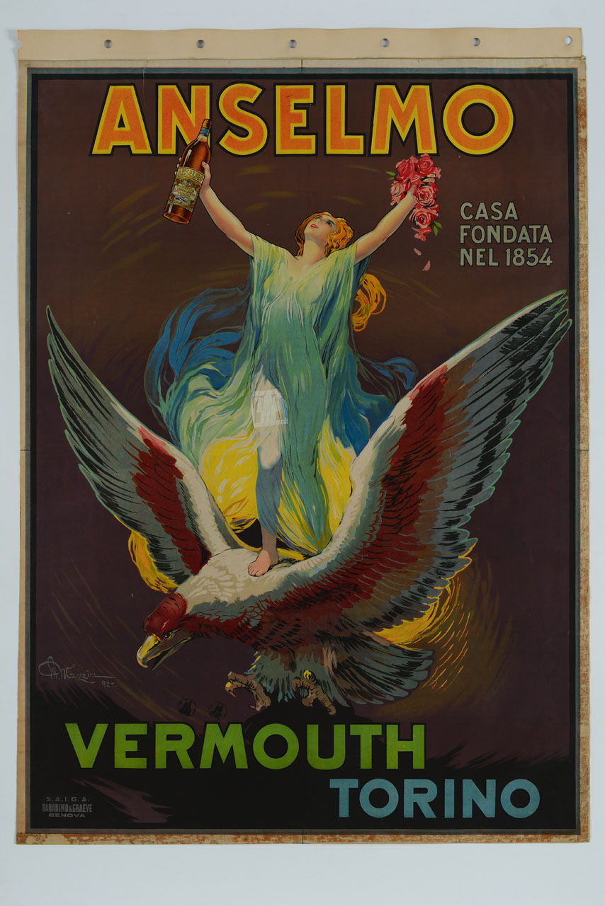 donna sul dorso di un'aquila innalza dei fiori e una bottiglia di vino (manifesto) di Mazzini Ettore (sec. XX)