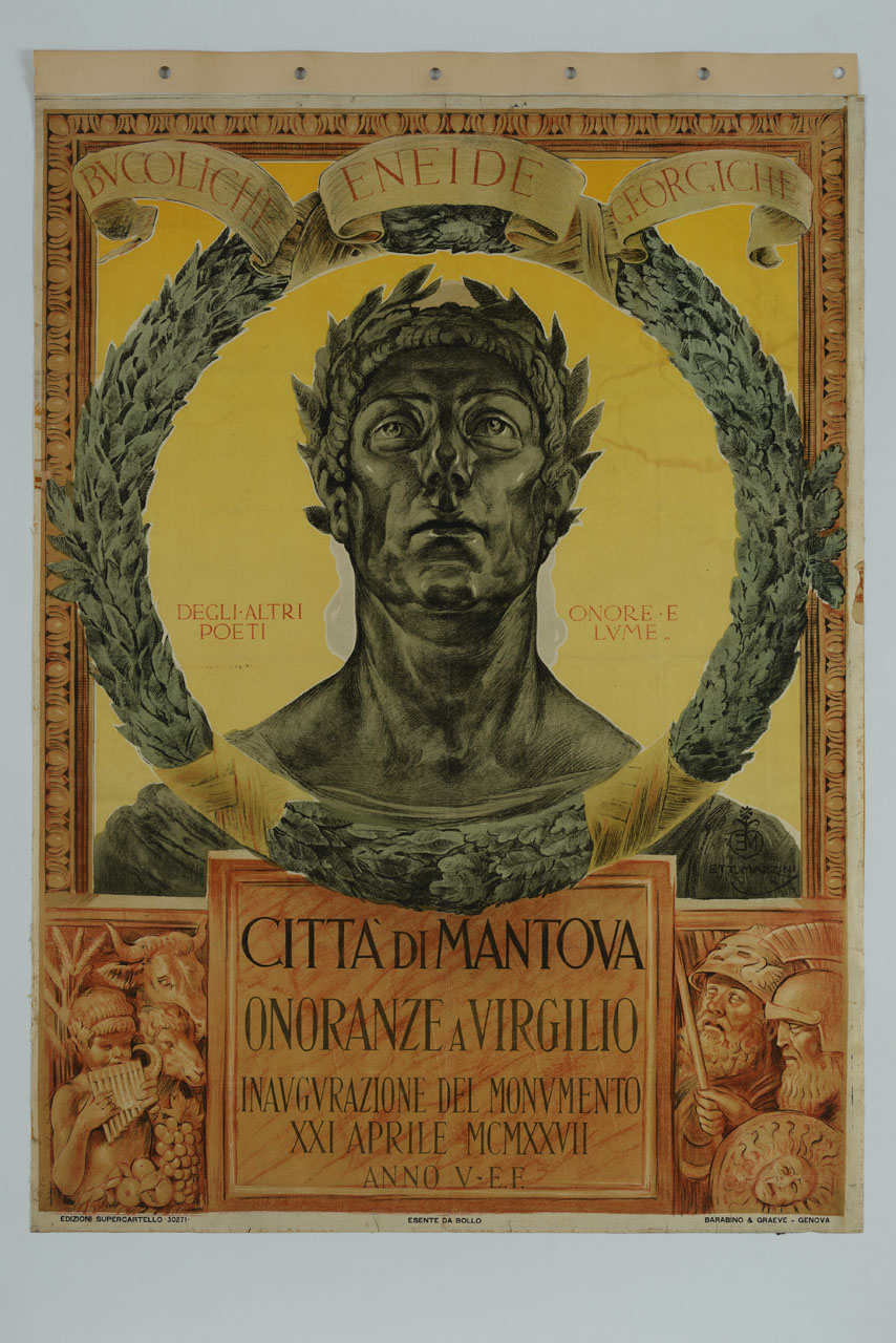 busto bronzeo del poeta Virgilio entro corona di alloro e cornice con parapetto istoriato (manifesto) di Mazzini Ettore (sec. XX)